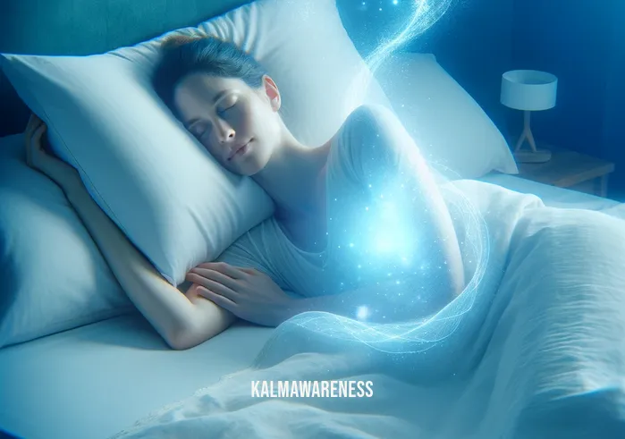 deep body healing while you sleep _ A person sleeps peacefully in a serene bedroom, surrounded by soft blue light symbolizing tranquility and healing. Gentle waves of light seem to emanate from their body, illustrating the concept of rejuvenation and recovery during sleep.
