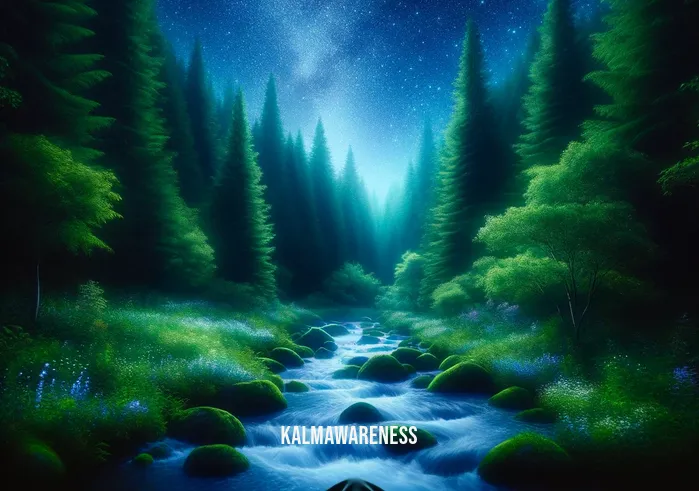 get back to sleep meditation _ A visualization of a tranquil outdoor scene, projected onto a screen in a dark room. The image shows a gentle stream flowing through a lush forest under a starry sky. Soft, soothing music can be heard in the background, enhancing the meditative atmosphere for someone trying to relax and fall back asleep.