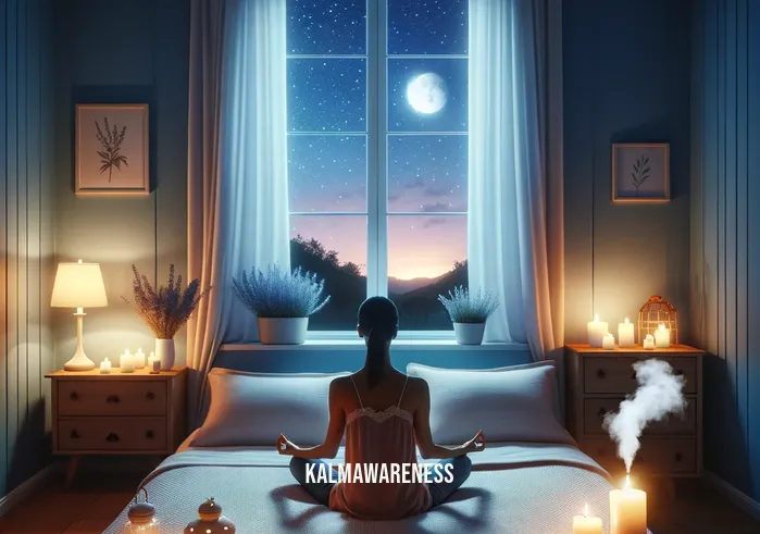 good night sleep meditation _ A calming bedroom scene at dusk, with soft blue walls and a large window showing a starry sky. A person sits cross-legged on the bed, eyes closed in meditation, surrounded by dimly lit candles and a gentle aroma diffuser emitting a soothing lavender scent. The room embodies tranquility, perfectly set for a night of peaceful sleep meditation.