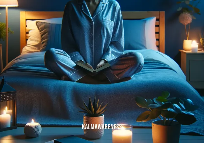 guided meditation to fall asleep fast _ A serene bedroom setting at dusk, with soft blue and purple hues casting a tranquil glow. A person of unspecified descent, in comfortable pajamas, sits cross-legged on their bed, with a gentle smile. They are surrounded by dimly lit candles and a small, peaceful indoor plant. In their hands, they hold a book titled "Guided Meditation Techniques," which is partially open, indicating they are about to begin their meditation for sleep.
