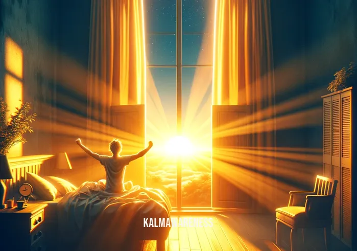 guided sleep meditation insomnia _ A dawn scene viewed from the same bedroom, now bathed in the soft, warm light of the rising sun. The person, previously seen in bed, is now sitting up, stretching with a refreshed and rested demeanor. The room appears brighter and more vibrant, symbolizing the rejuvenation after a good night's sleep, thanks to the guided sleep meditation technique used to alleviate insomnia.