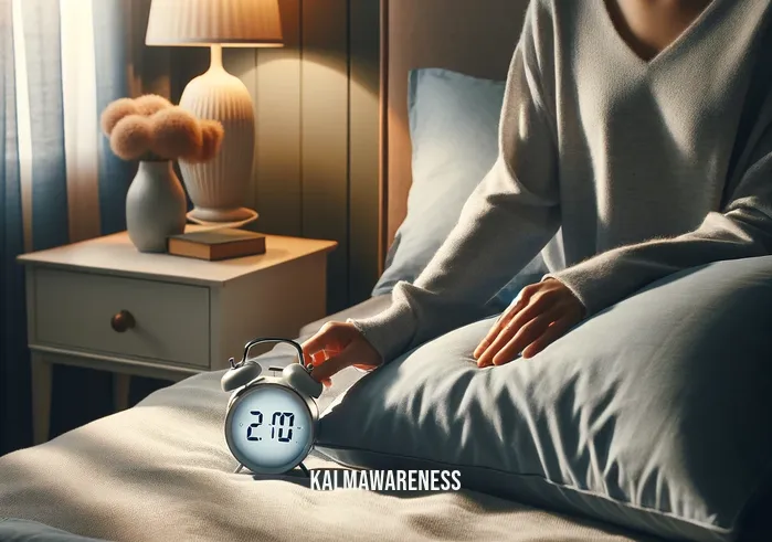 sleep 20 minutes _ A person setting a timer for a 20-minute nap, demonstrating a step in preparing for a short sleep. The image shows a cozy bedroom with soft lighting, a neatly made bed with pillows, and a nightstand where a digital clock displays the time. The person, wearing comfortable home attire, is pressing a button on the clock to set the timer, looking relaxed and ready for a brief rest. The scene conveys a sense of tranquility and readiness for a power nap.