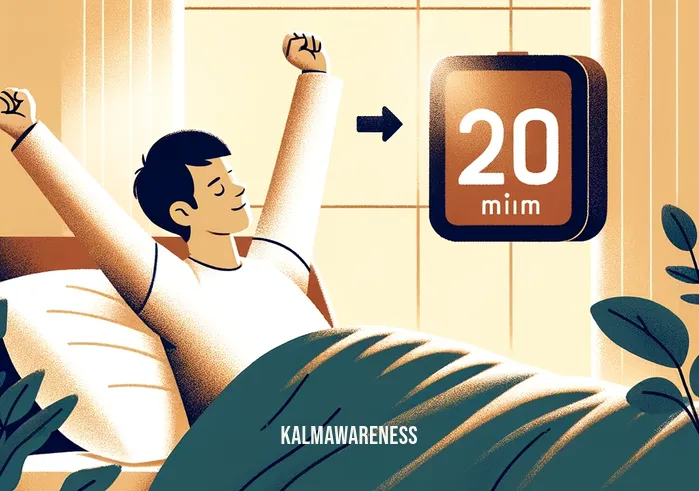 sleep 20 minutes _ A person waking up from a 20-minute nap, looking refreshed and alert. This image captures the moment right after the short sleep, with the person sitting up in bed, stretching their arms. The bedroom is bathed in gentle daylight, suggesting afternoon. The digital clock on the nightstand now shows the end of the 20-minute period. The person's expression is one of rejuvenation and energy, illustrating the benefits of a brief, restorative nap.